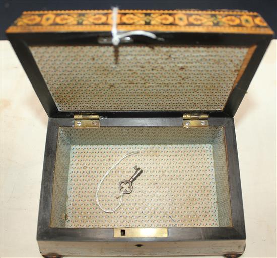 A Tunbridge ware rosewood VR box and a Barton maple pin cushion, 9in.
